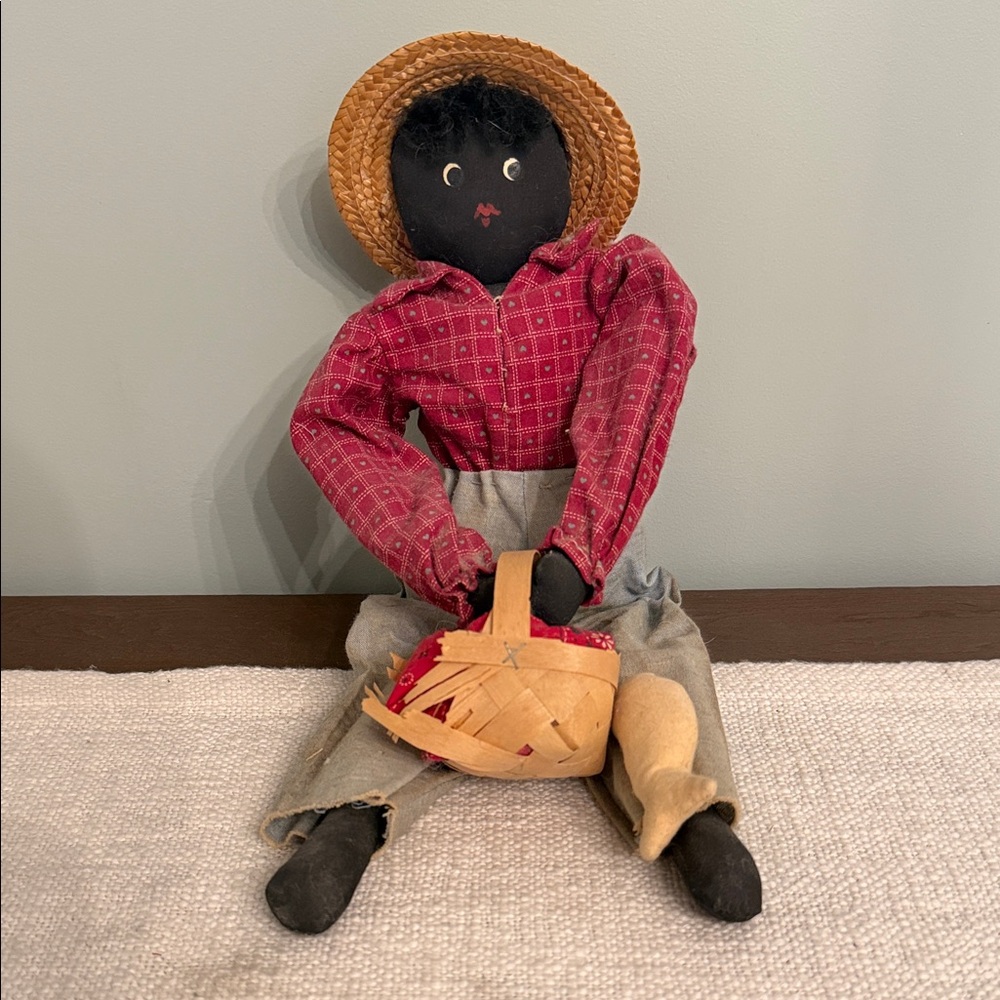 Black Americana Handcrafted Doll with Red Shirt and Straw Hat